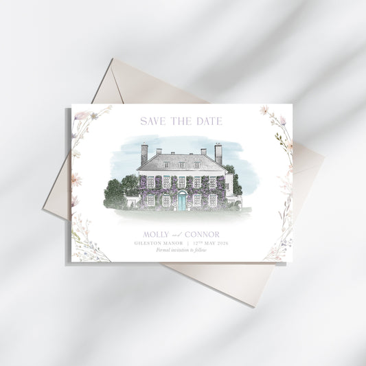 Gilestone Manor save the dates, custom illustration watercolour wedding
