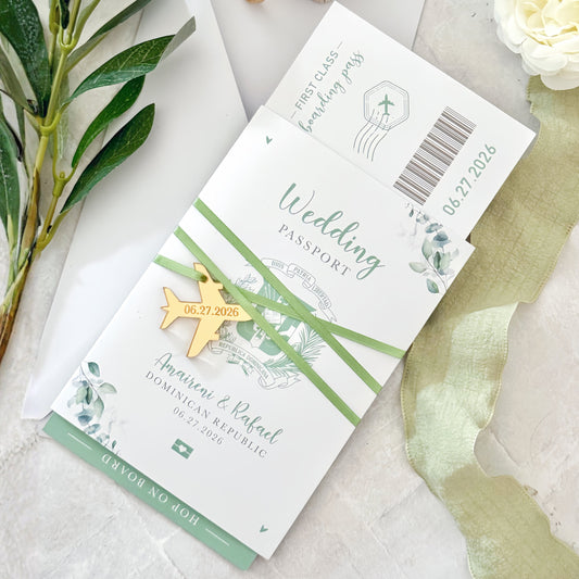 Sage green eucalyptus passport wedding invitation suite with boarding pass QR code RSVP card for a destination wedding, digital RSVP