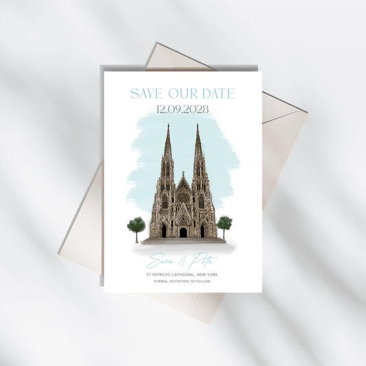 st patricks cathedral new york city watercolour illustration for wedding invitations save the dates