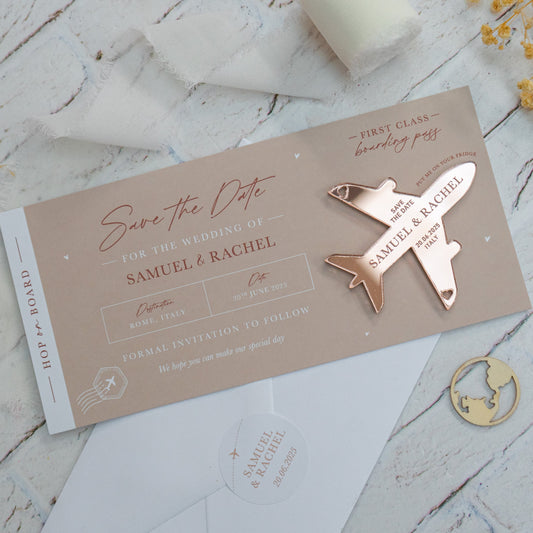 neutral beige boarding pass save the date with rose gold plane fridge magnet keepsake