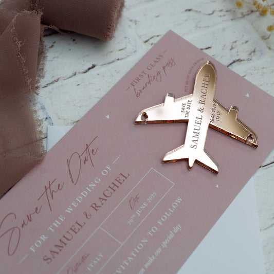 Dusky Pink Boarding Pass Save the Dates