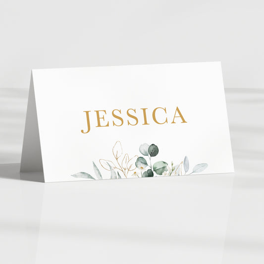 Green and Gold Daisy Eucalyptus folded wedding guest name card