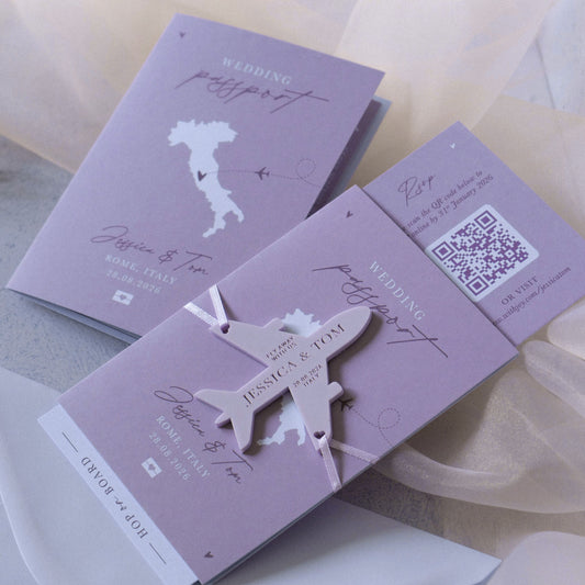 lilac purple lavender passport style wedding invitation with fridge magnet keepsake and RSVP boarding pass card