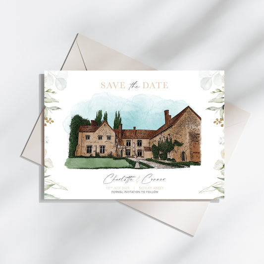 Wedding save-the-date card featuring a bespoke watercolour illustration painting of the Notley Abbey, Buckinghamshire