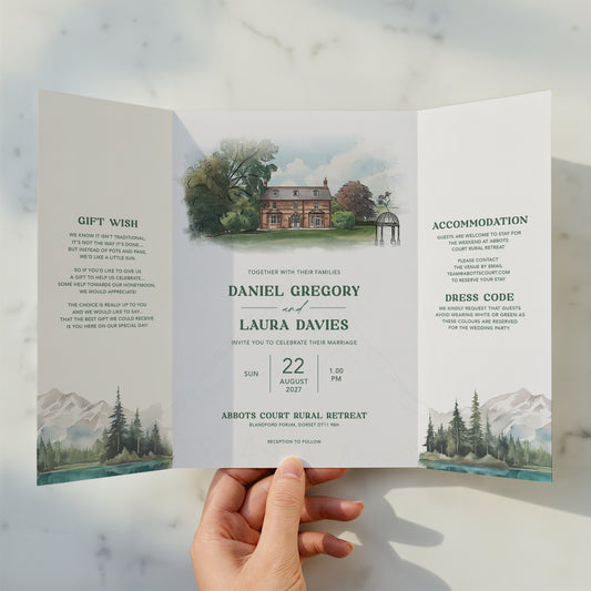 Lakes and Mountains Illustrated Gatefold Wedding Invitation