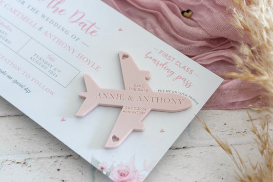 Pink Floral Boarding Pass Save the Dates