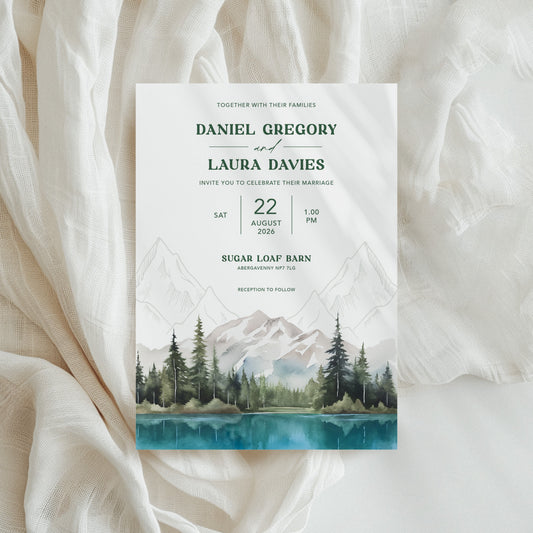 Wedding invitation card with mountain and lake design for adventure couples, hiking, outdoors camping