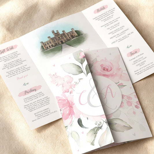 Pink Roses Illustrated Gatefold Wedding Invitation