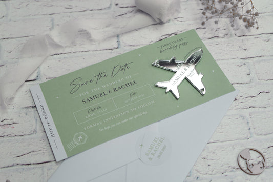 Sage Green Boarding Pass Save the Dates