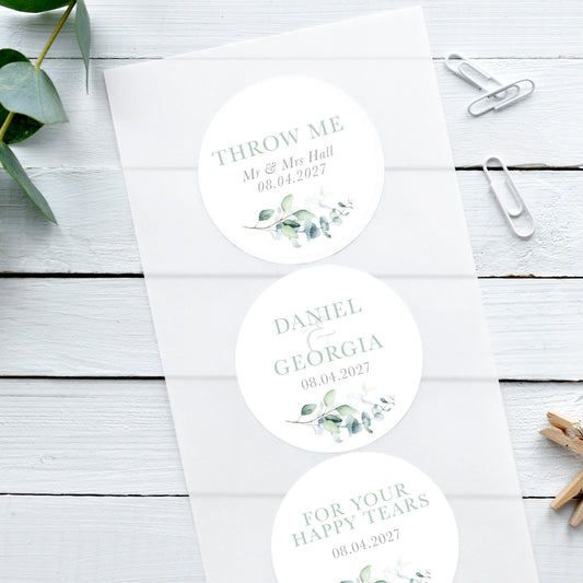 sage green eucalyptus wedding stickers, personalised custom wedding stickers, eucalyptus theme with green leaves, happy tear stickers, confetti stickers