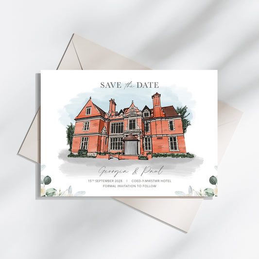 Wedding save-the-date card featuring a watercolour illustration painting of the Coed y Mwstwr Hotel in Bridgend, South Wales