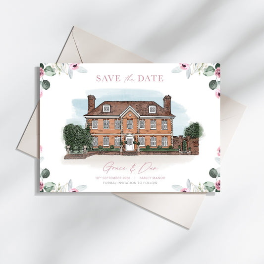 Wedding save-the-date card featuring a bespoke watercolour illustration painting of the Parley Manor Wedding Venue in Dorset