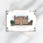 Wedding save-the-date card featuring a bespoke watercolour illustration painting of the Parley Manor Wedding Venue in Dorset