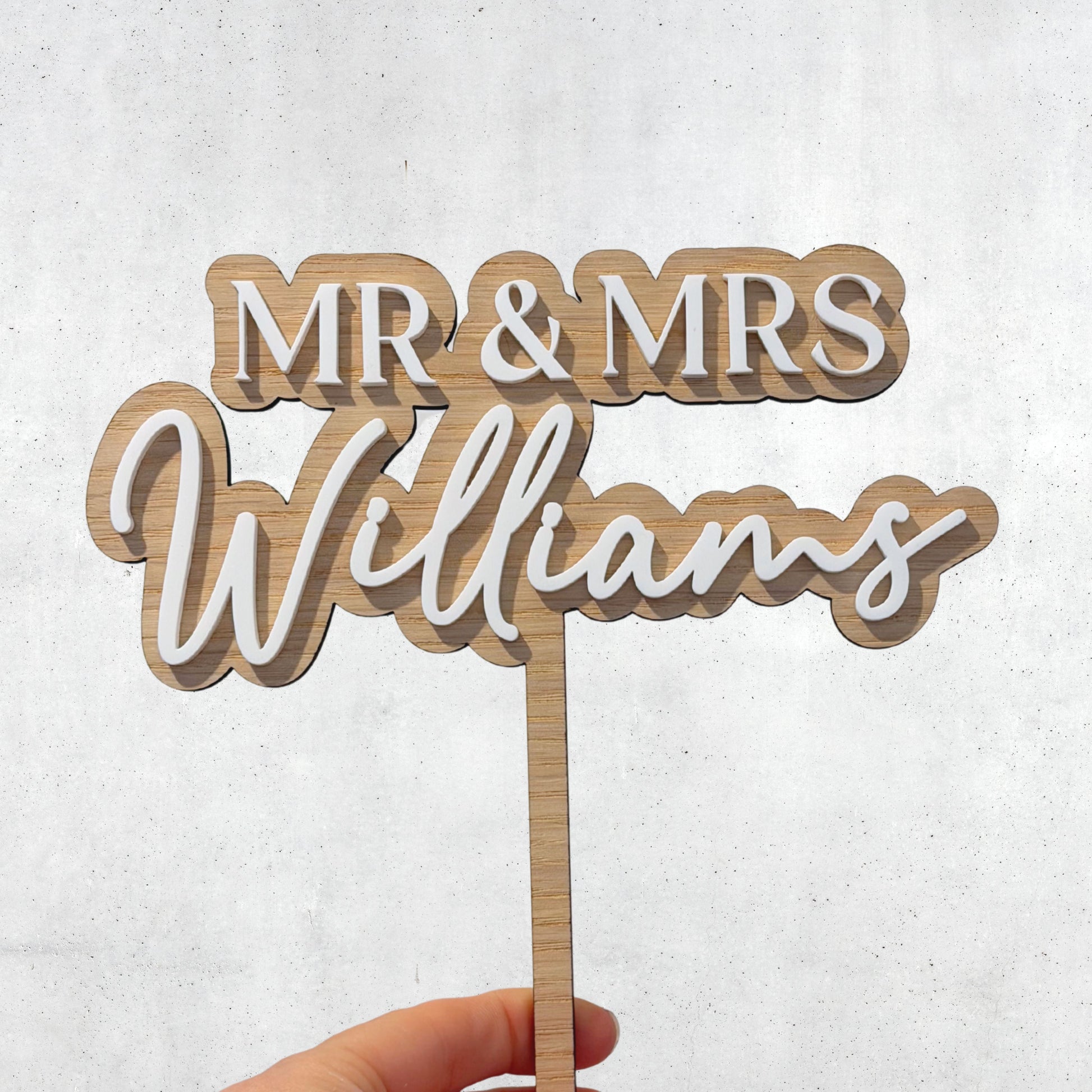 mr and mrs wedding cake topper, wood with acrylic 3d lettering, personalised
