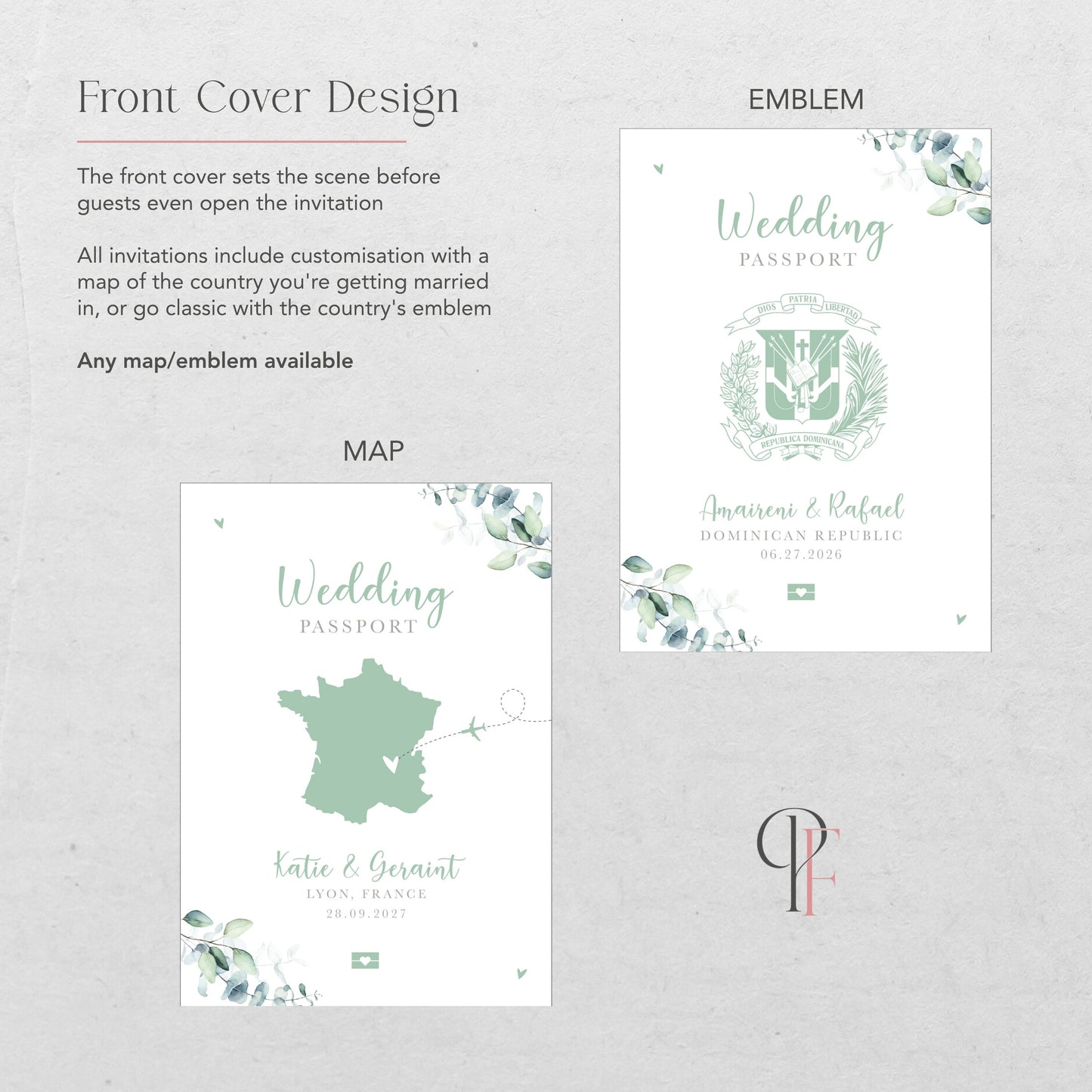 Sage Green Eucalyptus Passport Wedding Invitations