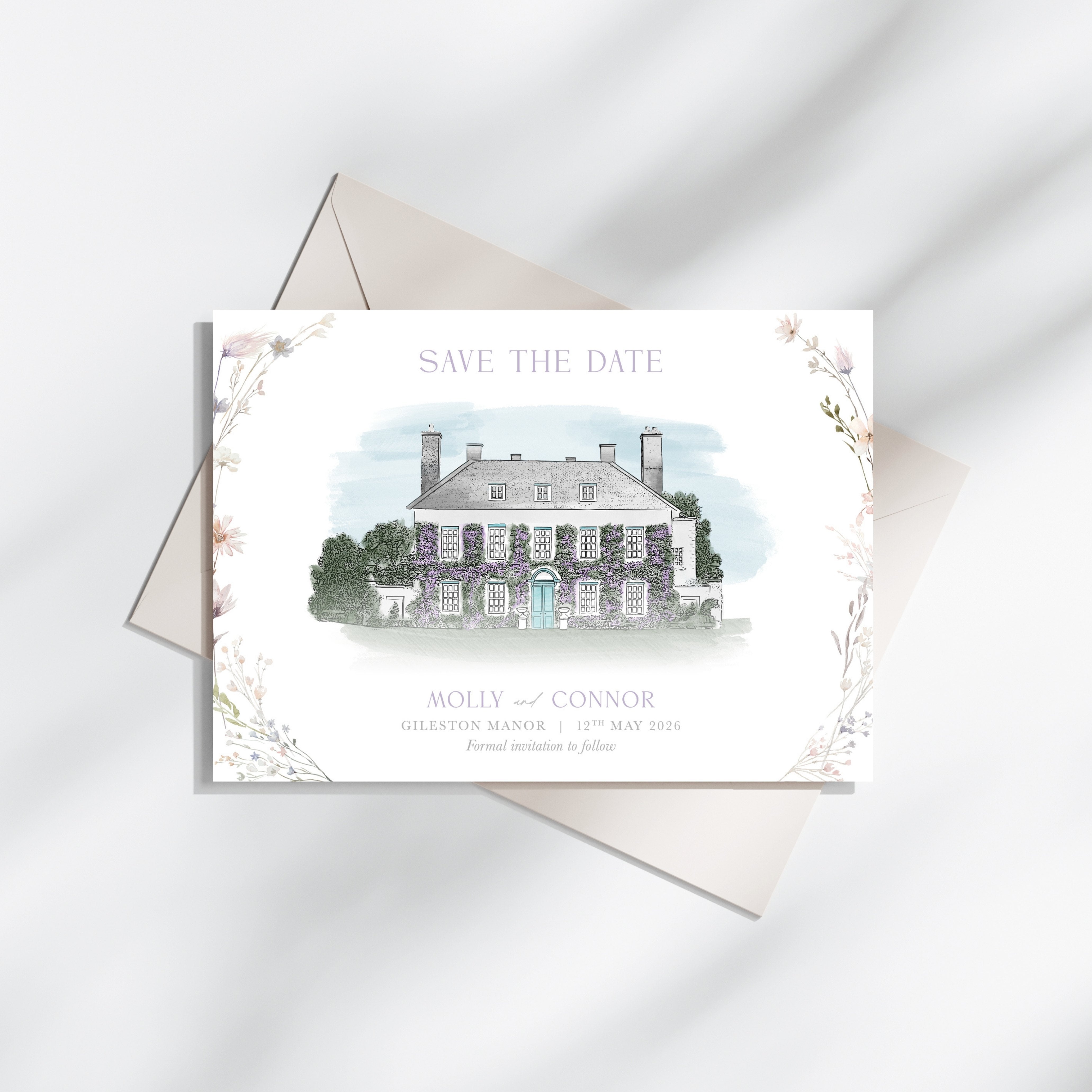 Gilestone Manor save the dates, custom illustration watercolour wedding