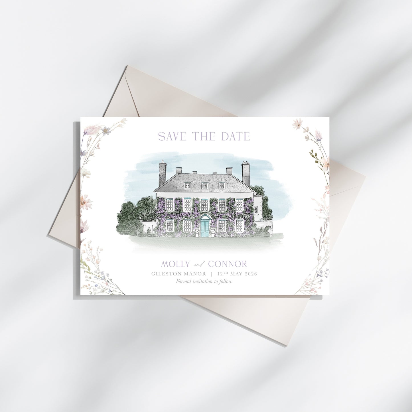Gilestone Manor save the dates, custom illustration watercolour wedding