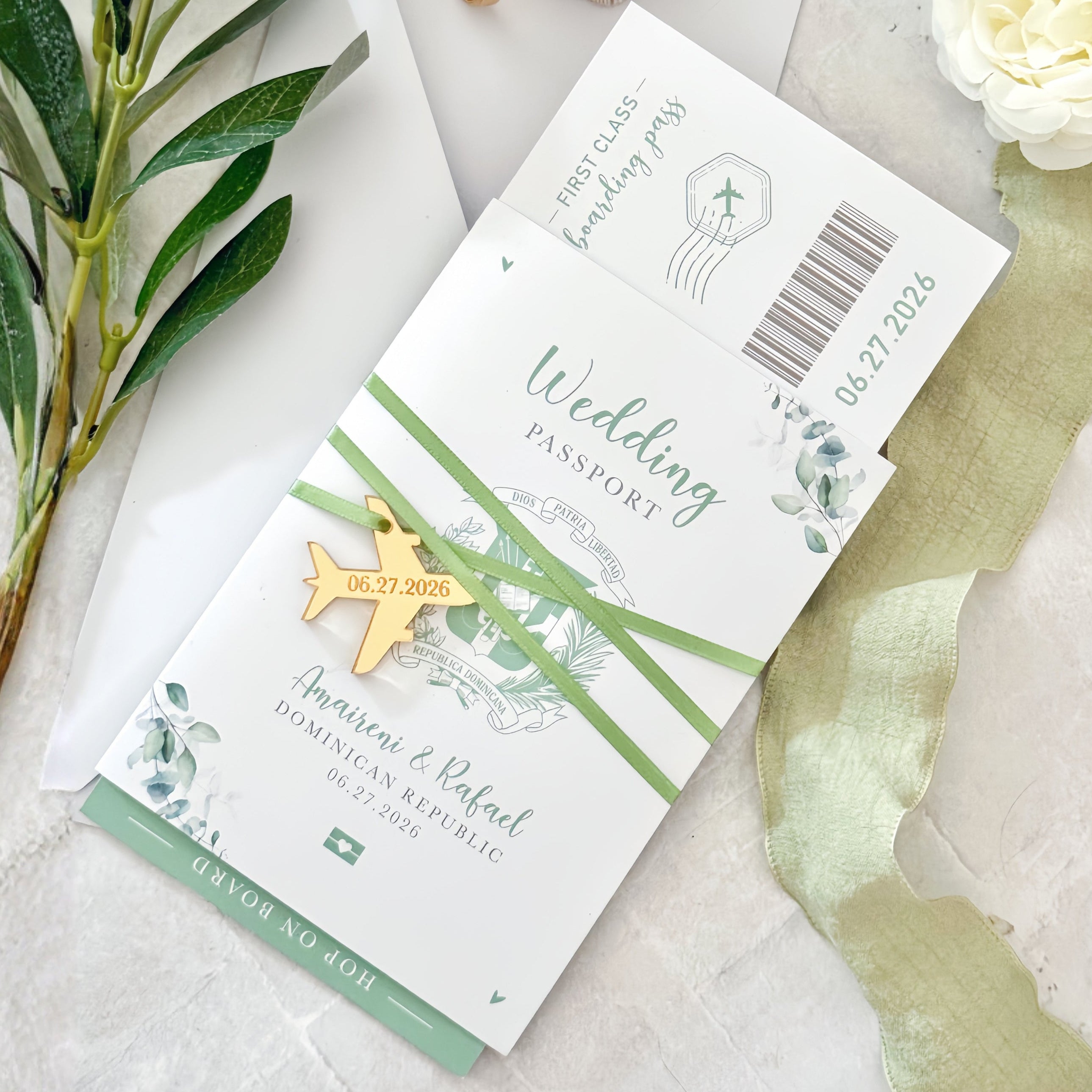 Sage green eucalyptus passport wedding invitation suite with boarding pass QR code RSVP card for a destination wedding, digital RSVP 