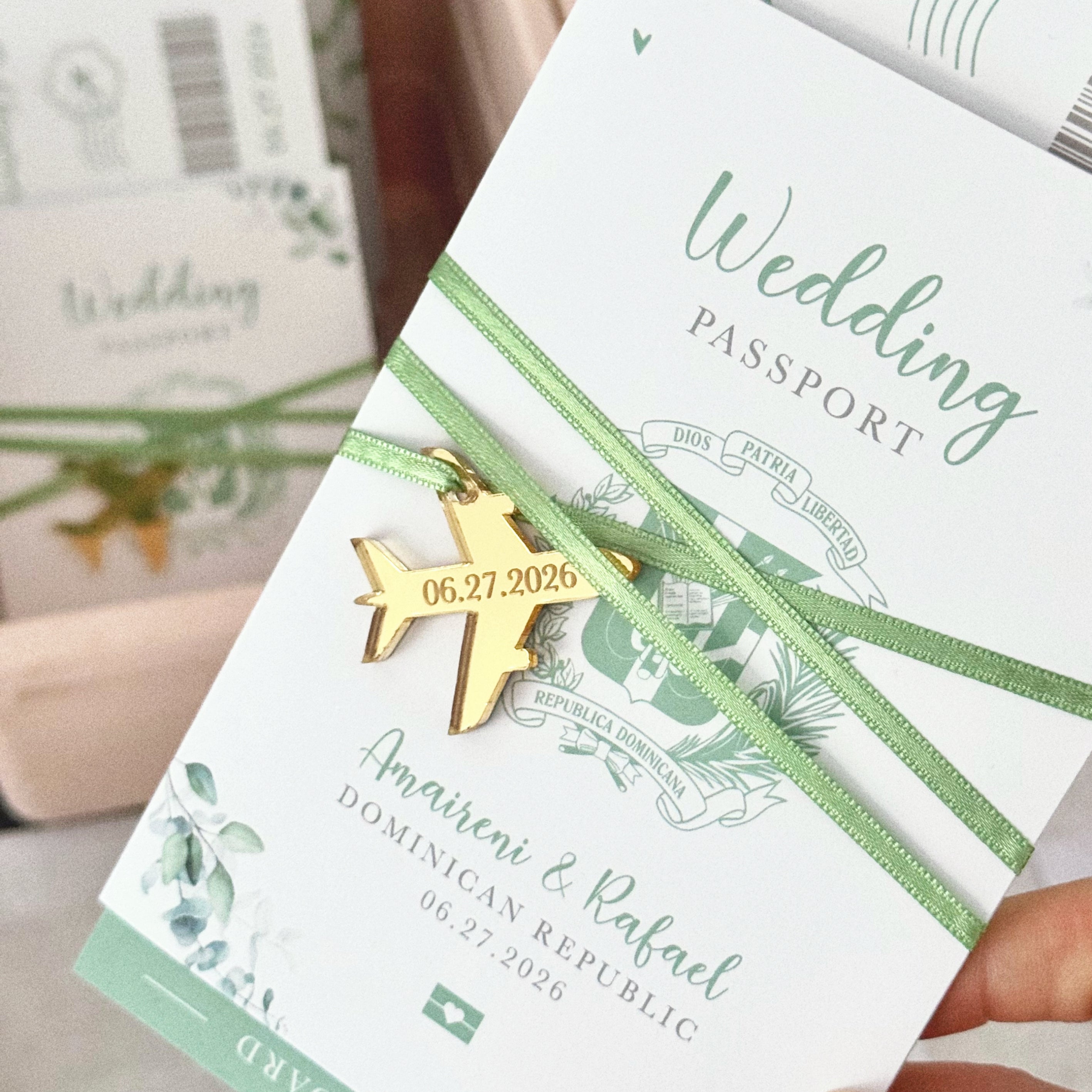 Sage Green Eucalyptus Passport Wedding Invitations