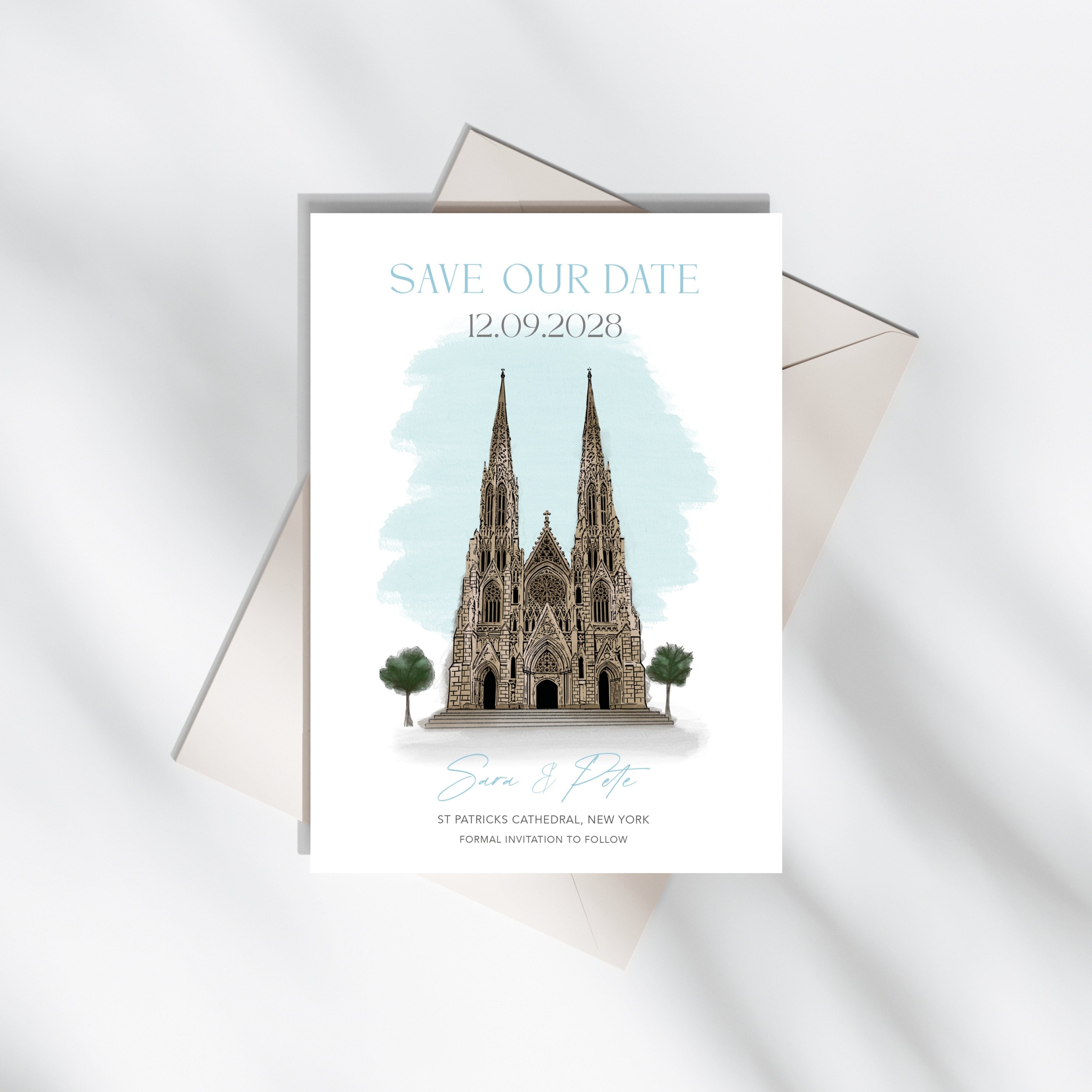 st patricks cathedral new york city watercolour illustration for wedding invitations save the dates