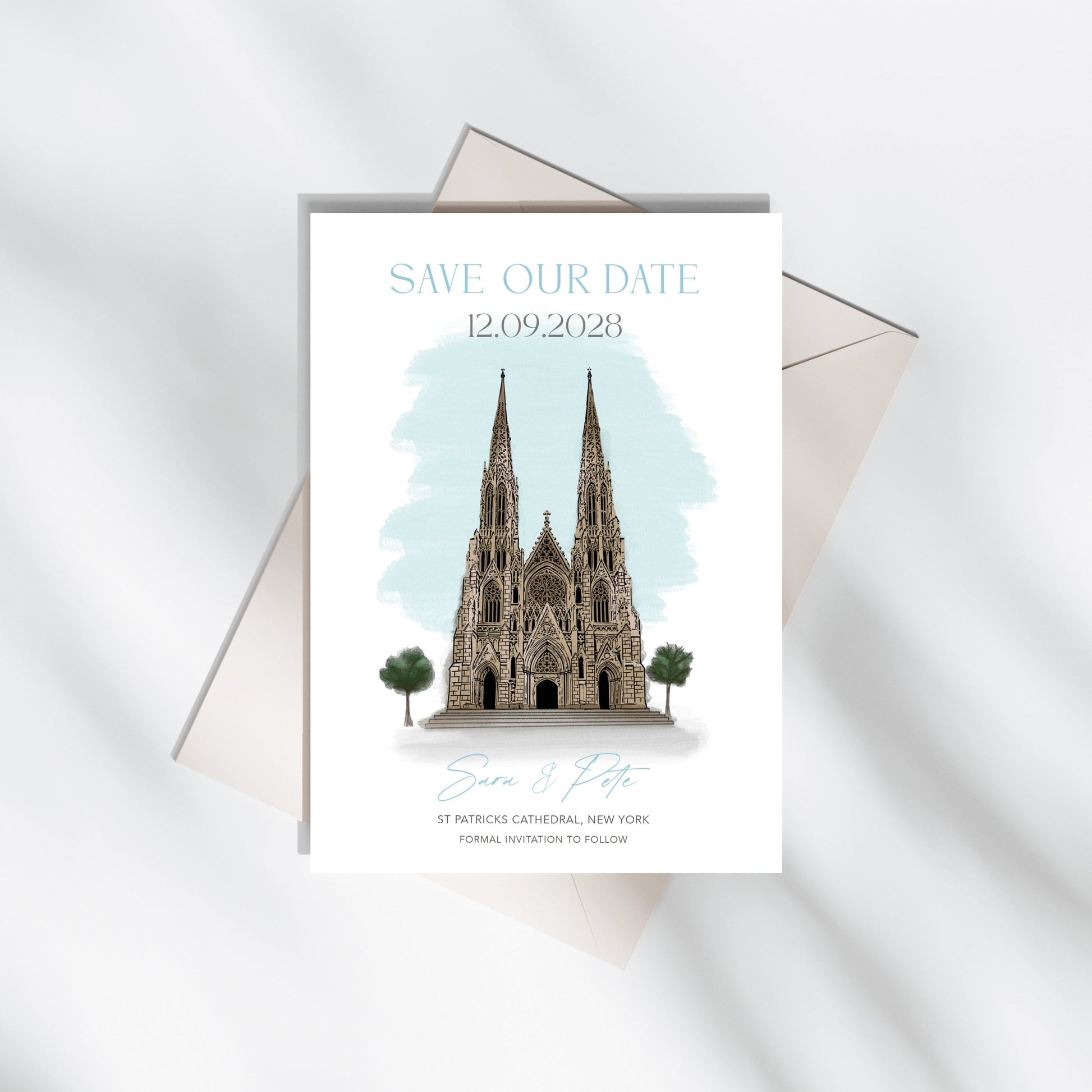 st patricks cathedral new york city watercolour illustration for wedding invitations save the dates