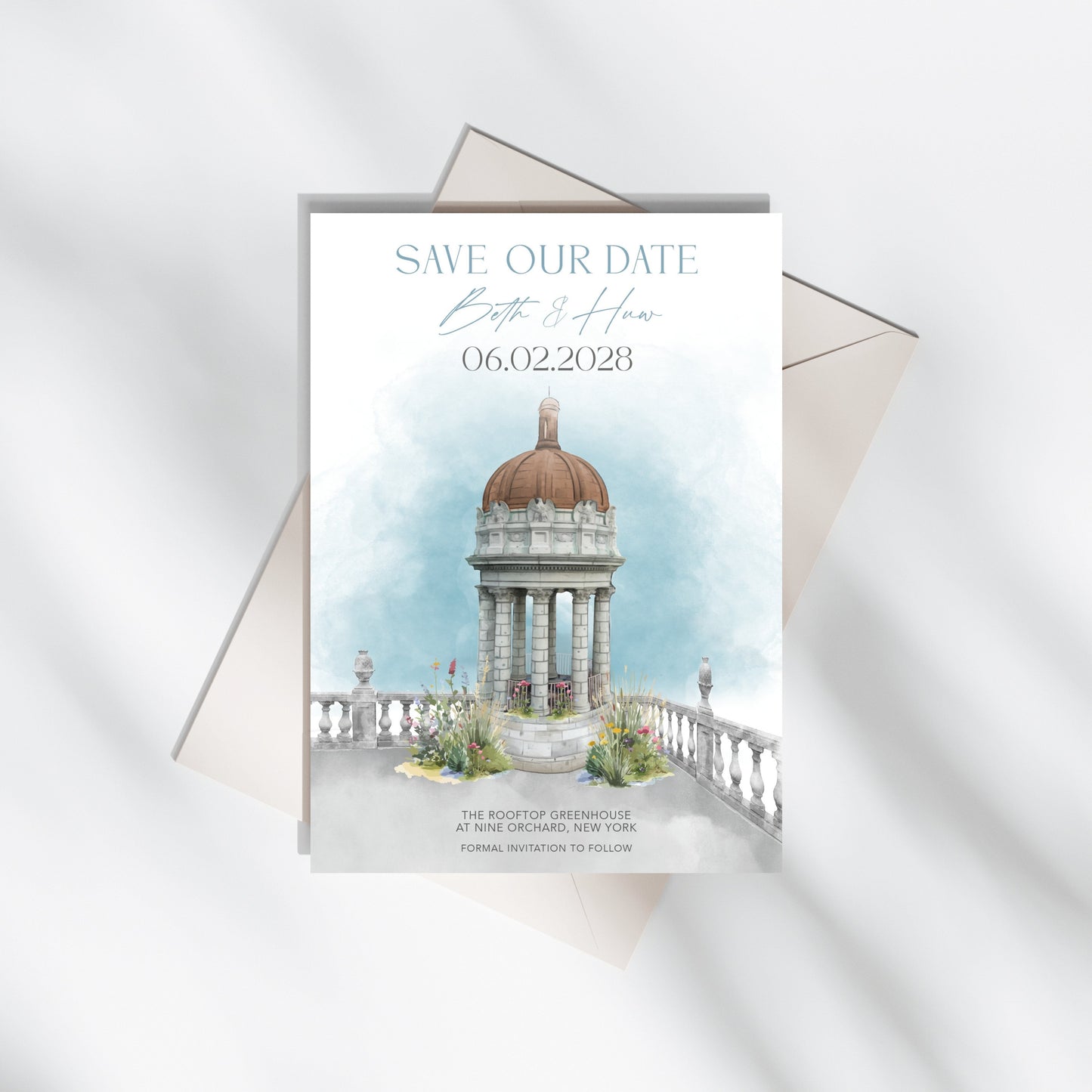 the rooftop greenhouse at nine orchard new york city wedding invitations save the dates, custom watercolour illustration