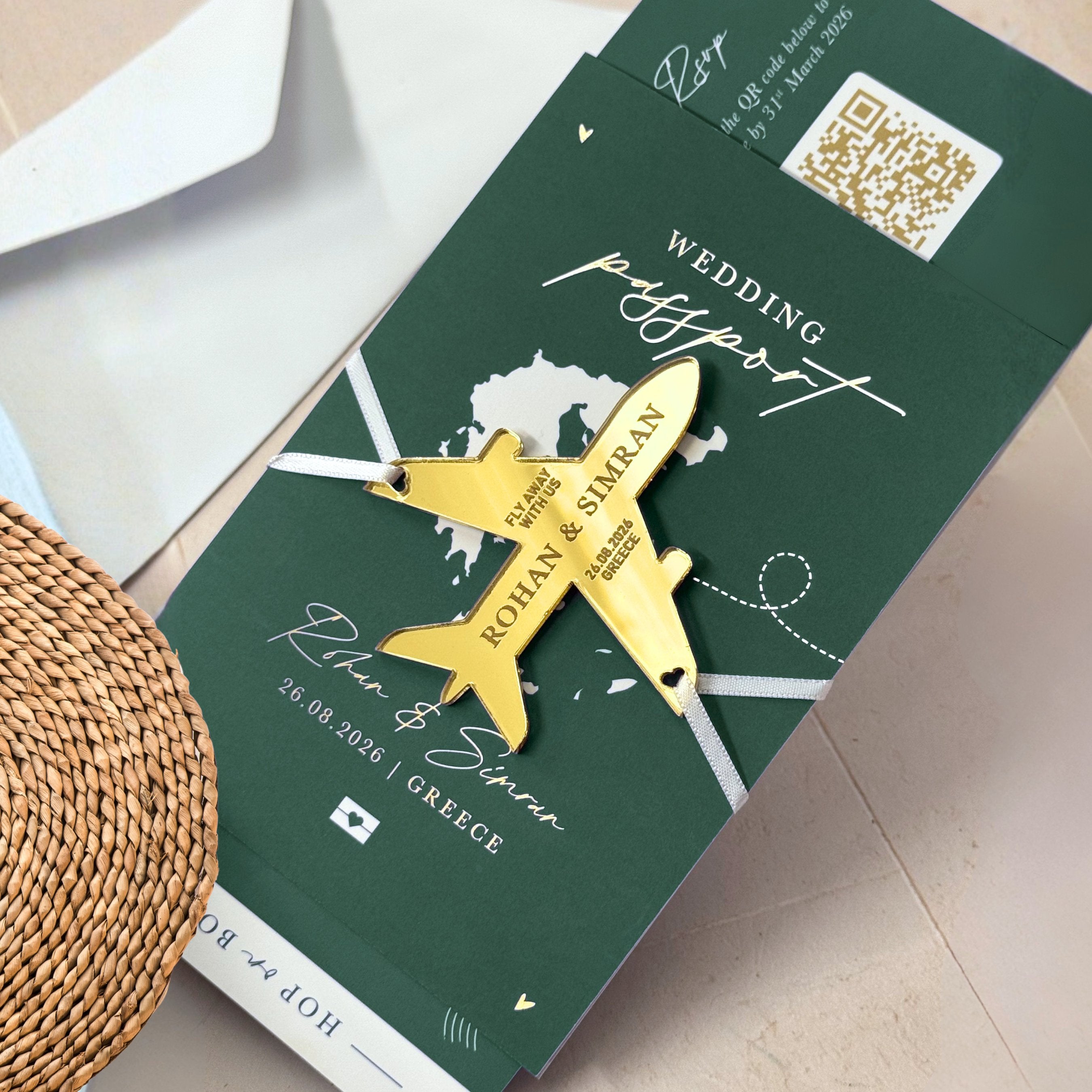 Pine Green Passport Wedding Invitations