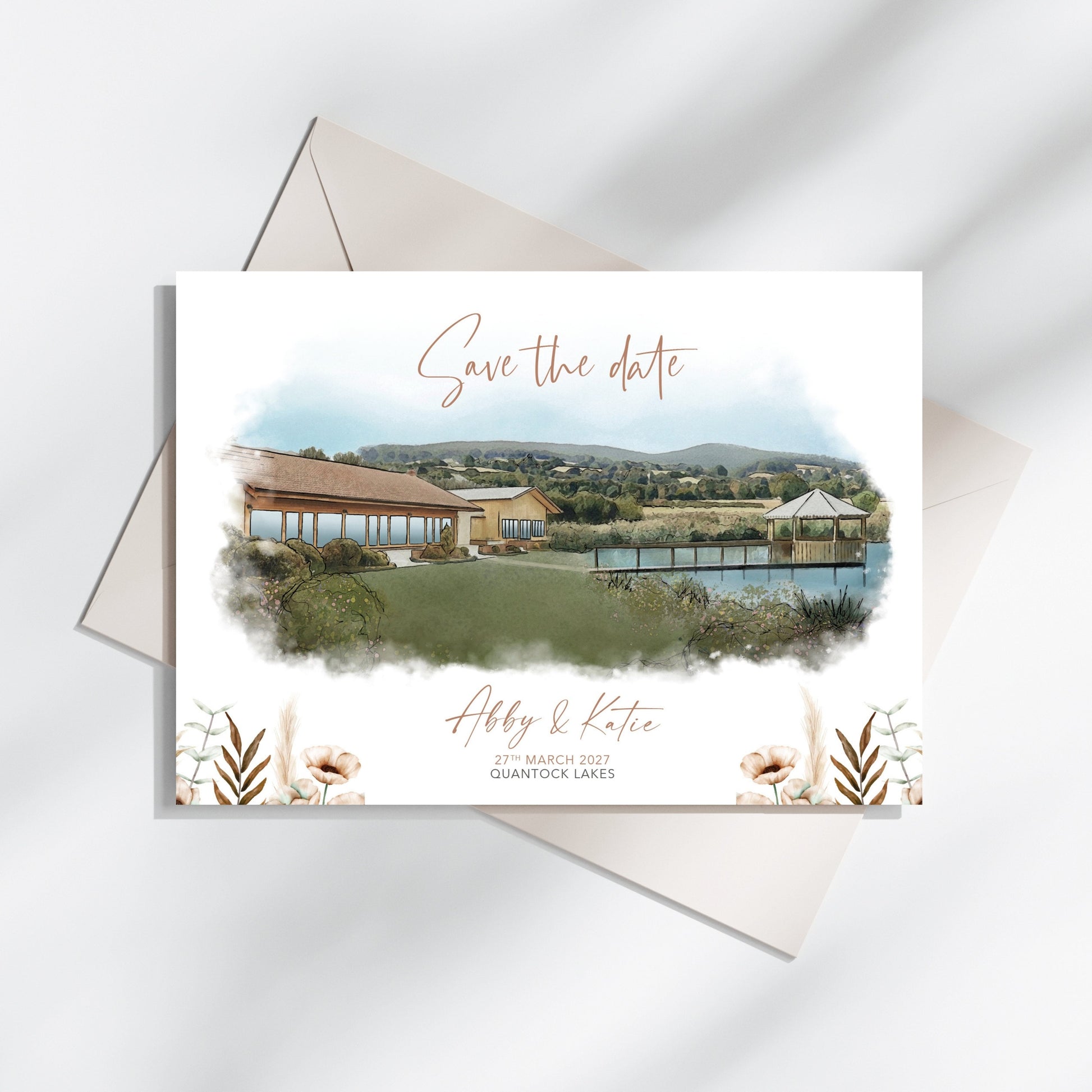 quantock lakes watercolour illustrated wedding save the dates