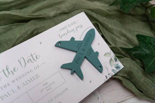 Sage Green Eucalyptus Boarding Pass Save the Dates