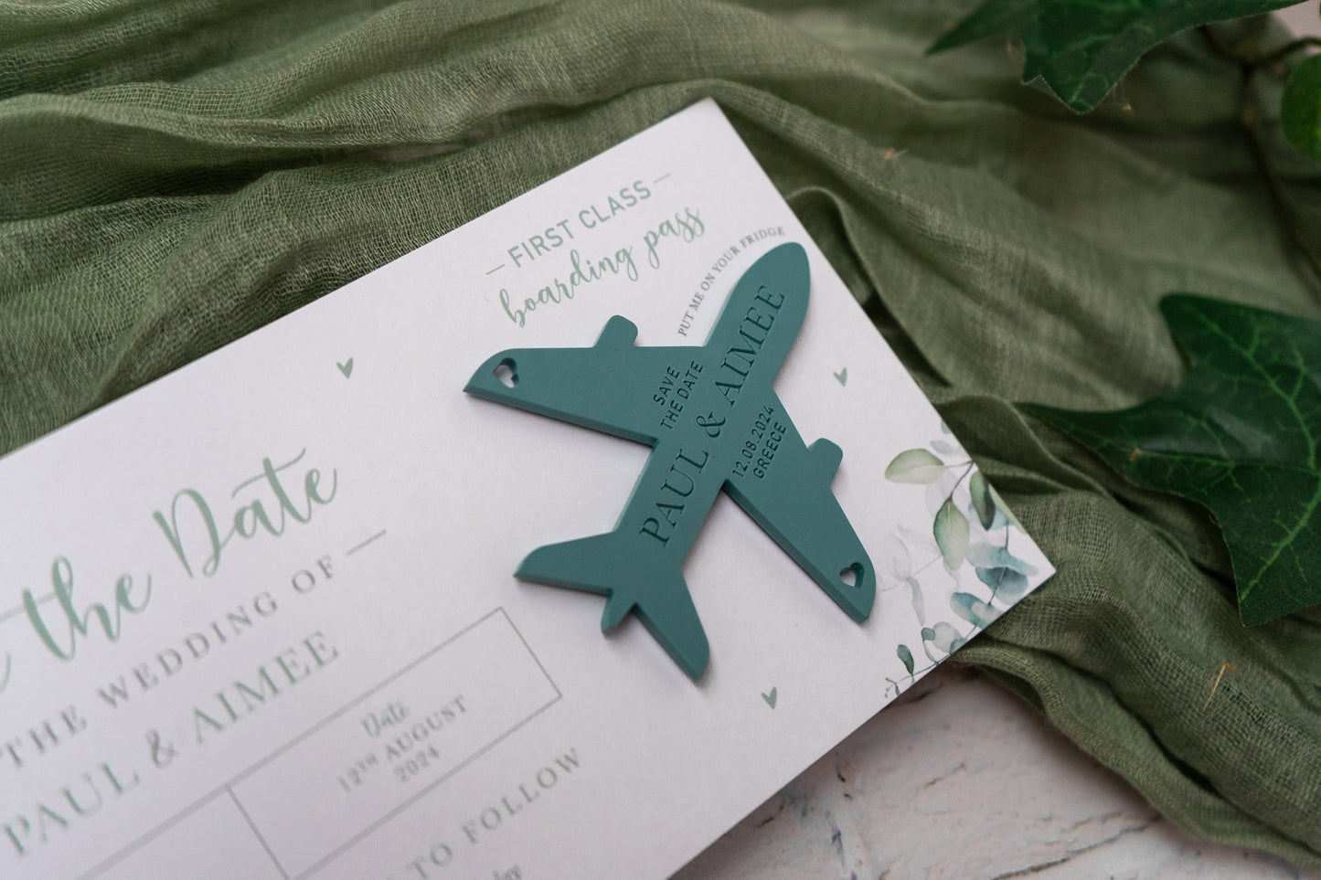 Sage Green Eucalyptus Boarding Pass Save the Dates