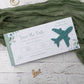 eucalyptus floral Save the Date boarding pass card with airplane fridge magnet for destination wedding