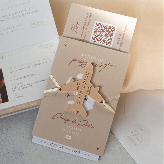 Beige neutral passport wedding invitation set with boarding pass QR code RSVP card for a destination wedding with fridge magnet keepsake