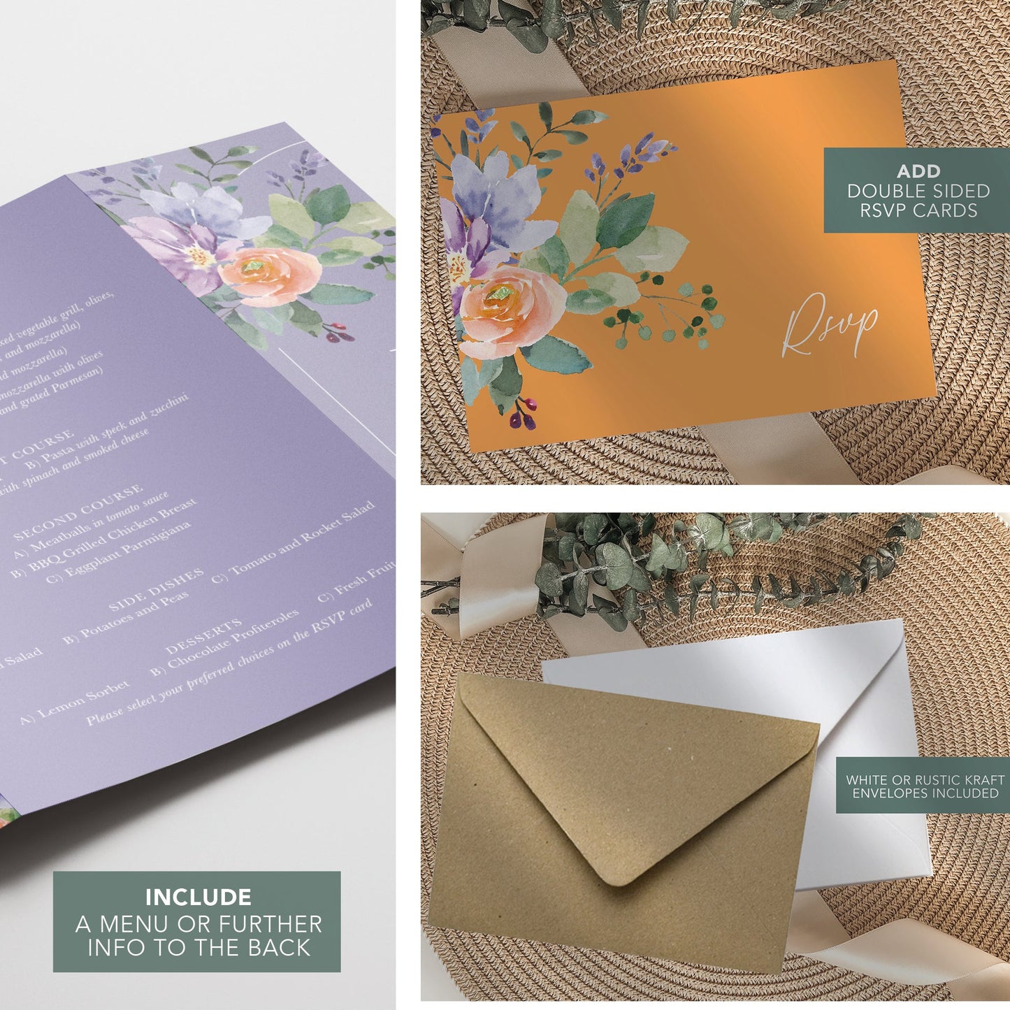 Lilac & Orange Floral Illustrated Gatefold Wedding Invitation