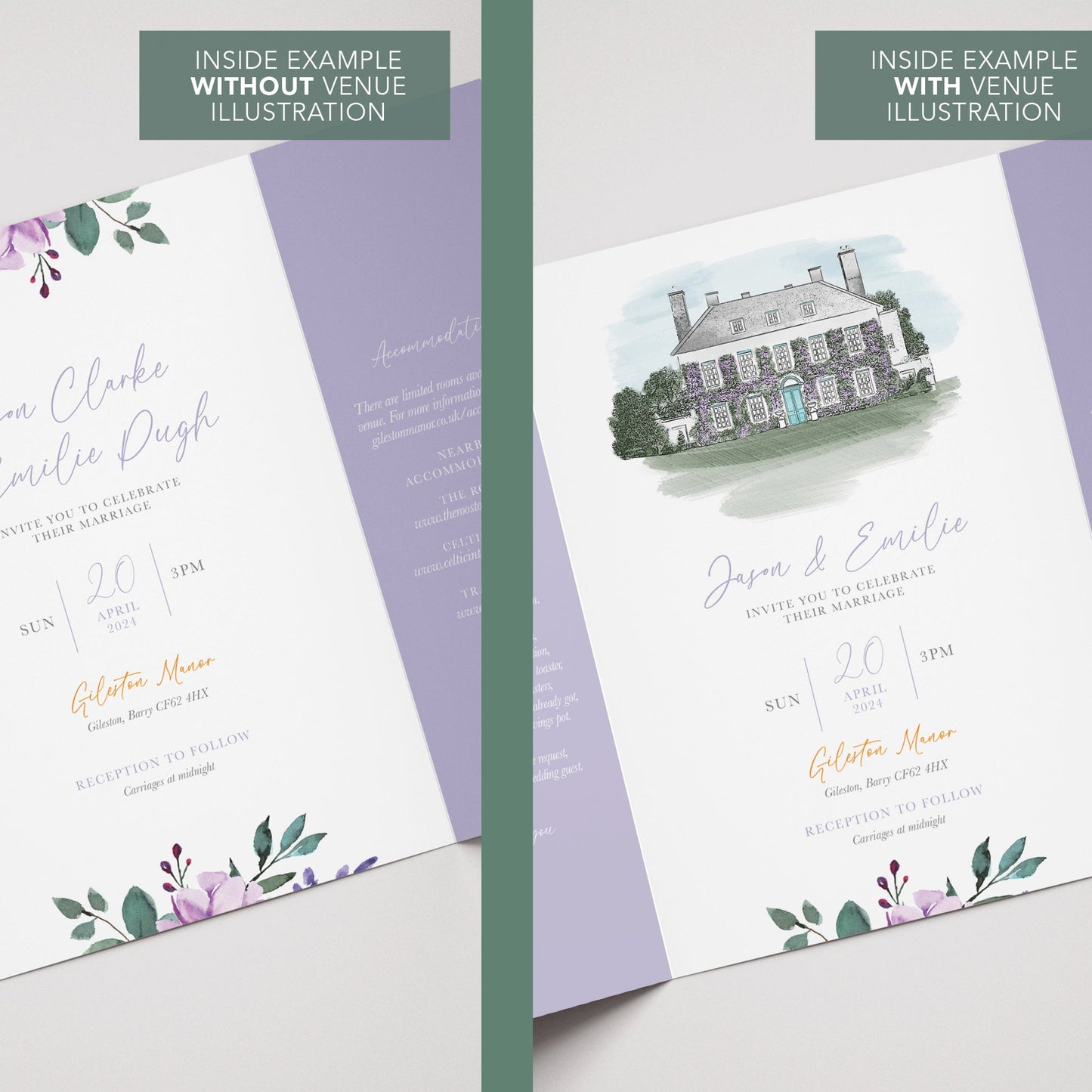 Lilac & Orange Floral Illustrated Gatefold Wedding Invitation