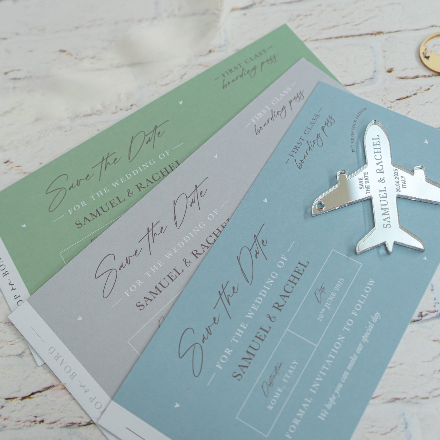 Sage Green Boarding Pass Save the Dates