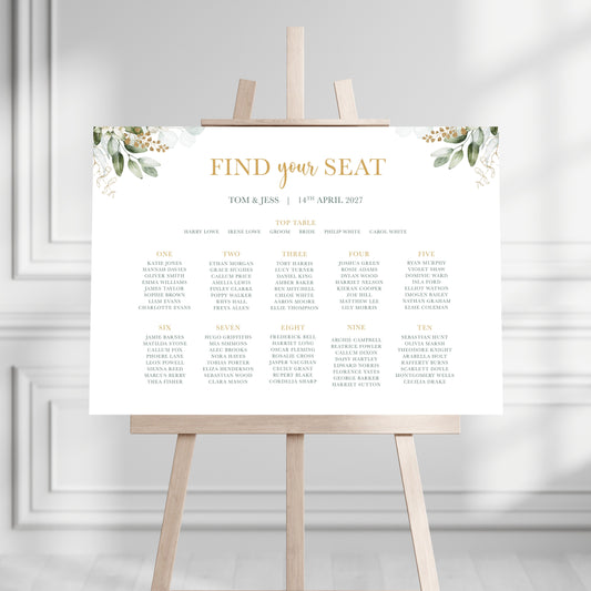 Green and Gold Daisy Eucalyptus Table Plan Sign