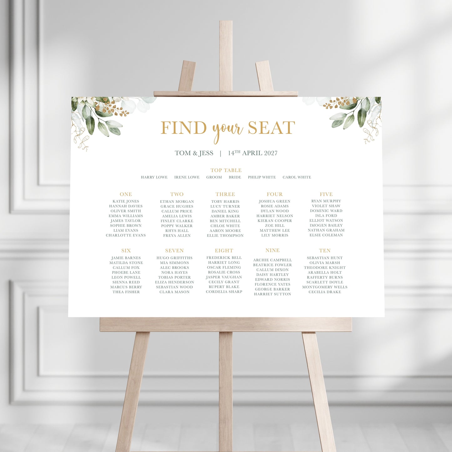Green and Gold Daisy Eucalyptus Table Plan Sign