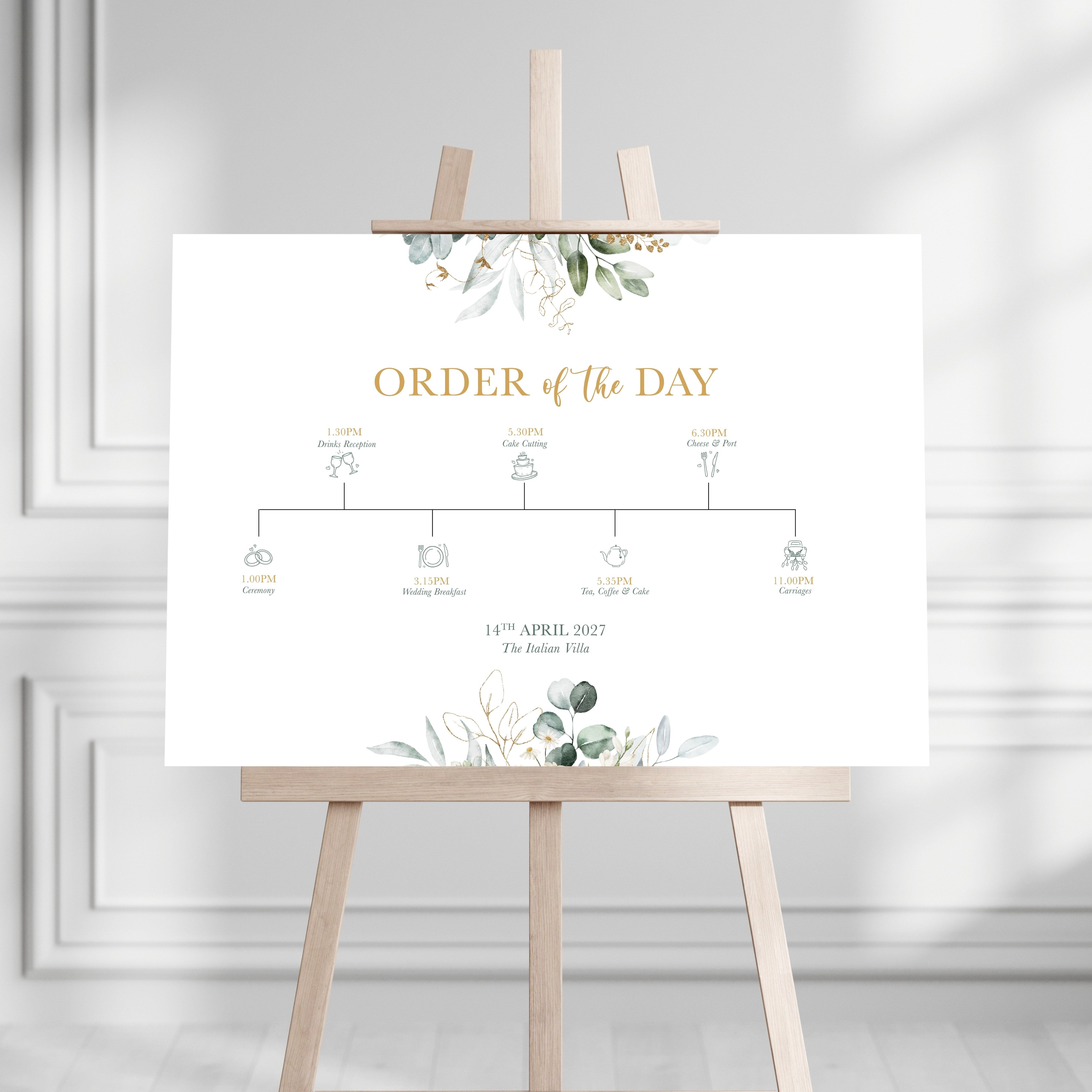 Green and Gold Daisy Eucalyptus Order of the Day Sign