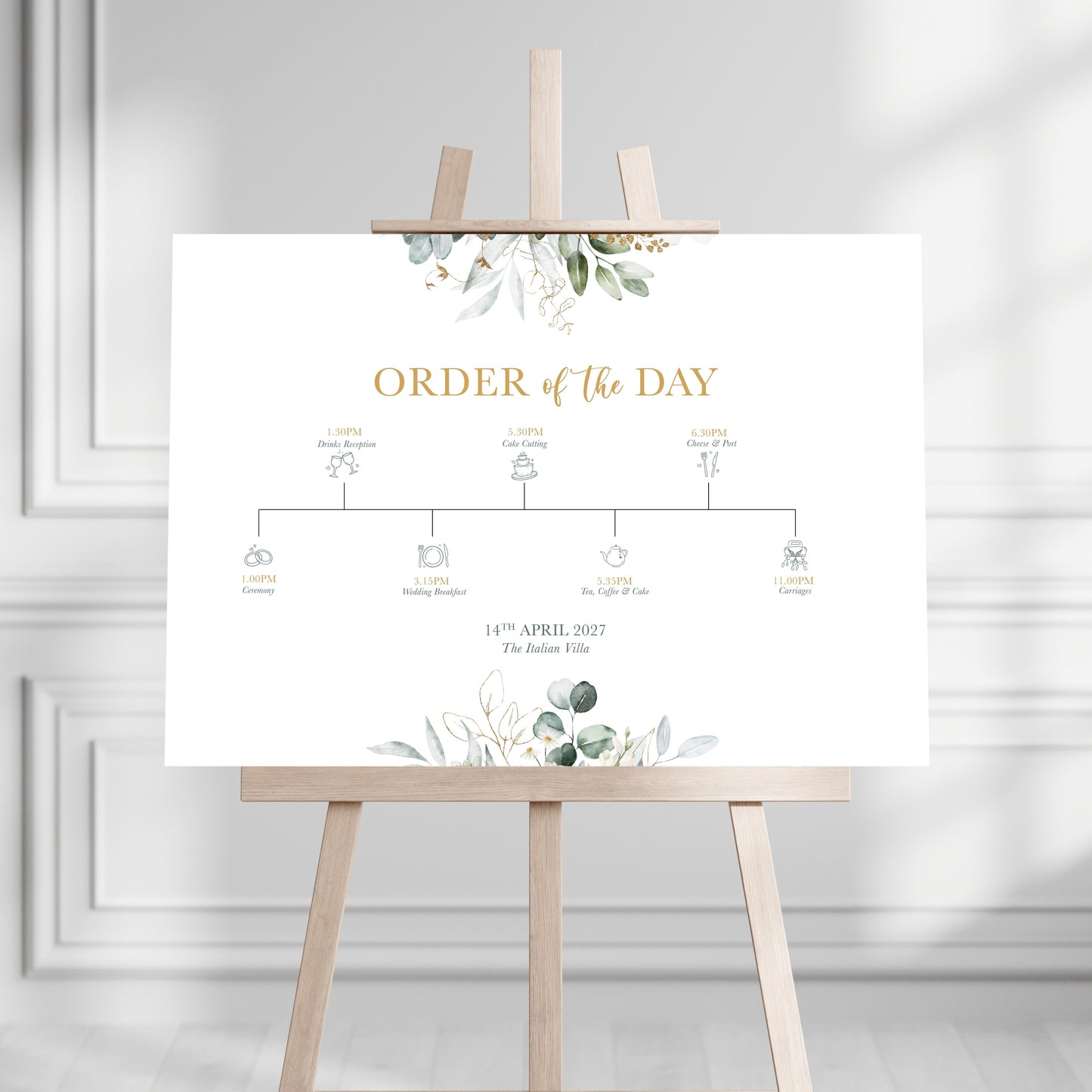 Green and Gold Daisy Eucalyptus Order of the Day Sign