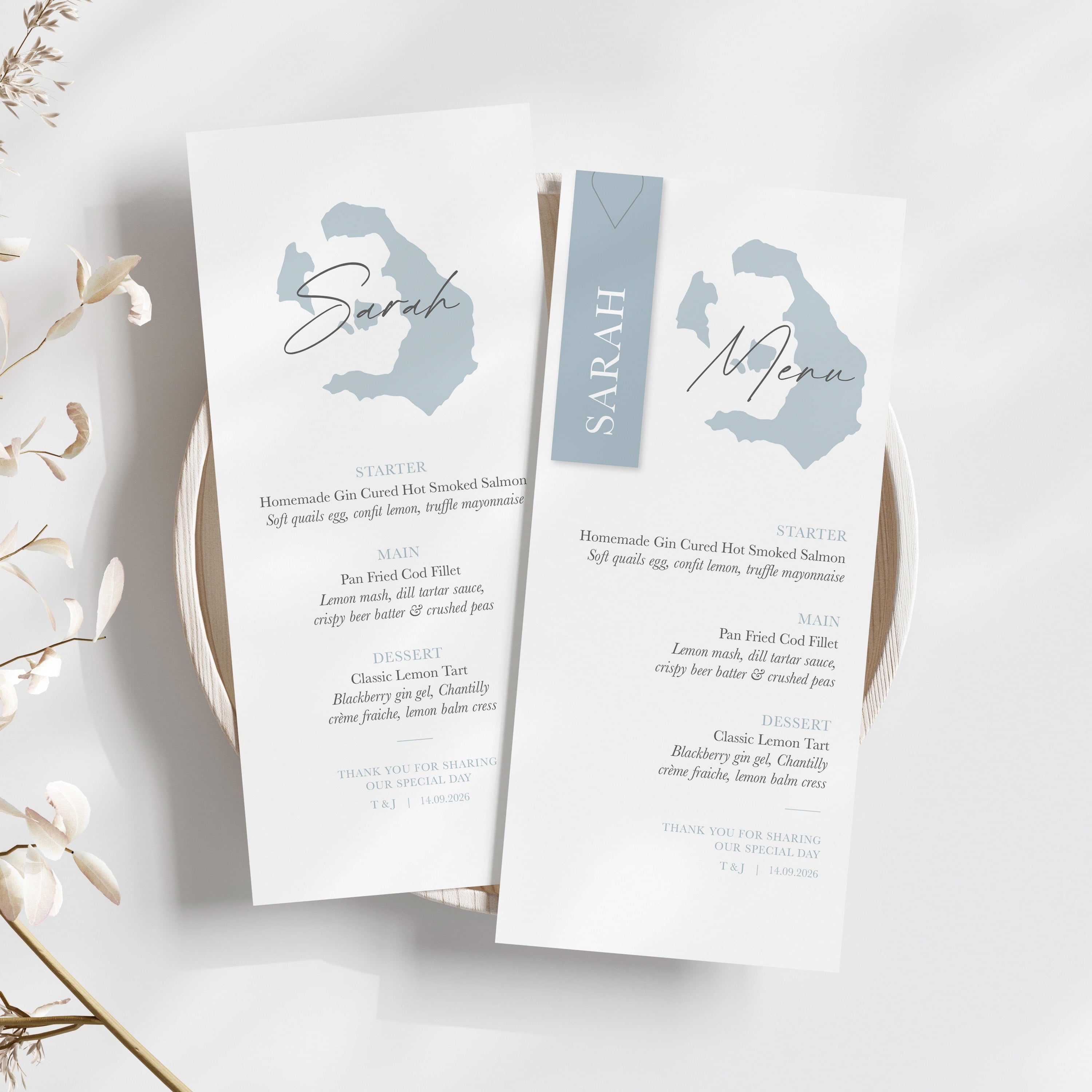 Travel themed destination wedding menus, dusty blue colour personalised with guest names
