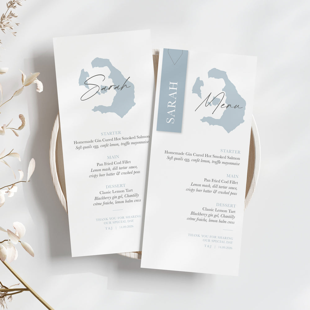 Travel themed destination wedding menus, dusty blue colour personalised with guest names