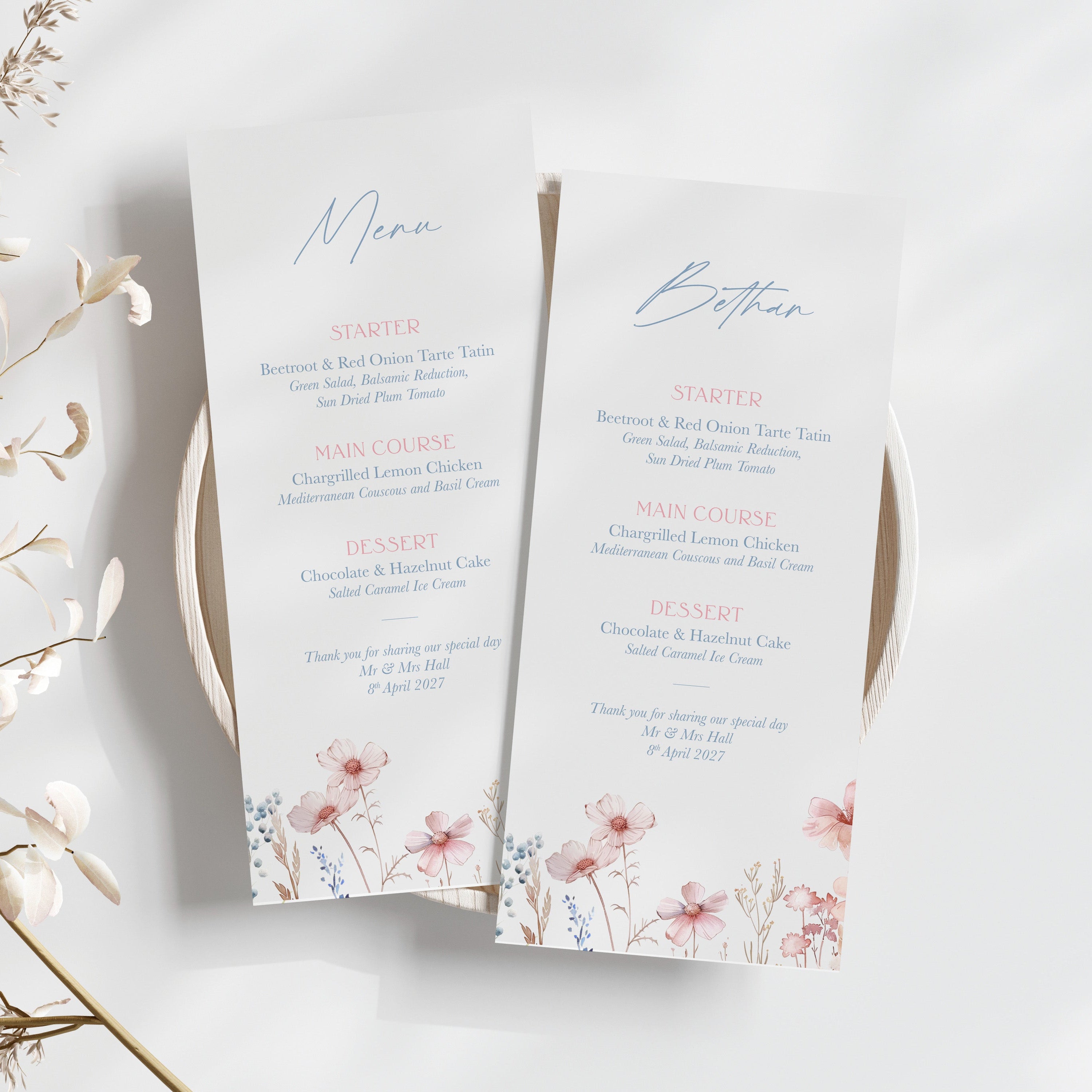 wildflower wedding menus, with watercolour wildflower pattern, blue and pink wedding menu personalised with name 