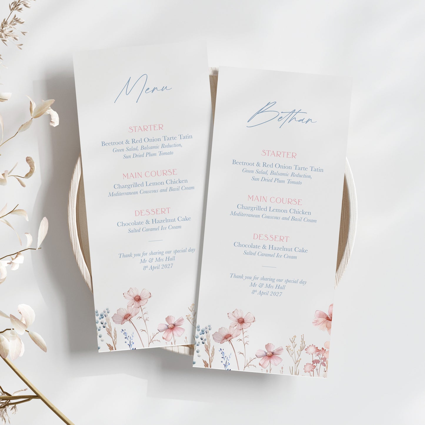 wildflower wedding menus, with watercolour wildflower pattern, blue and pink wedding menu personalised with name 