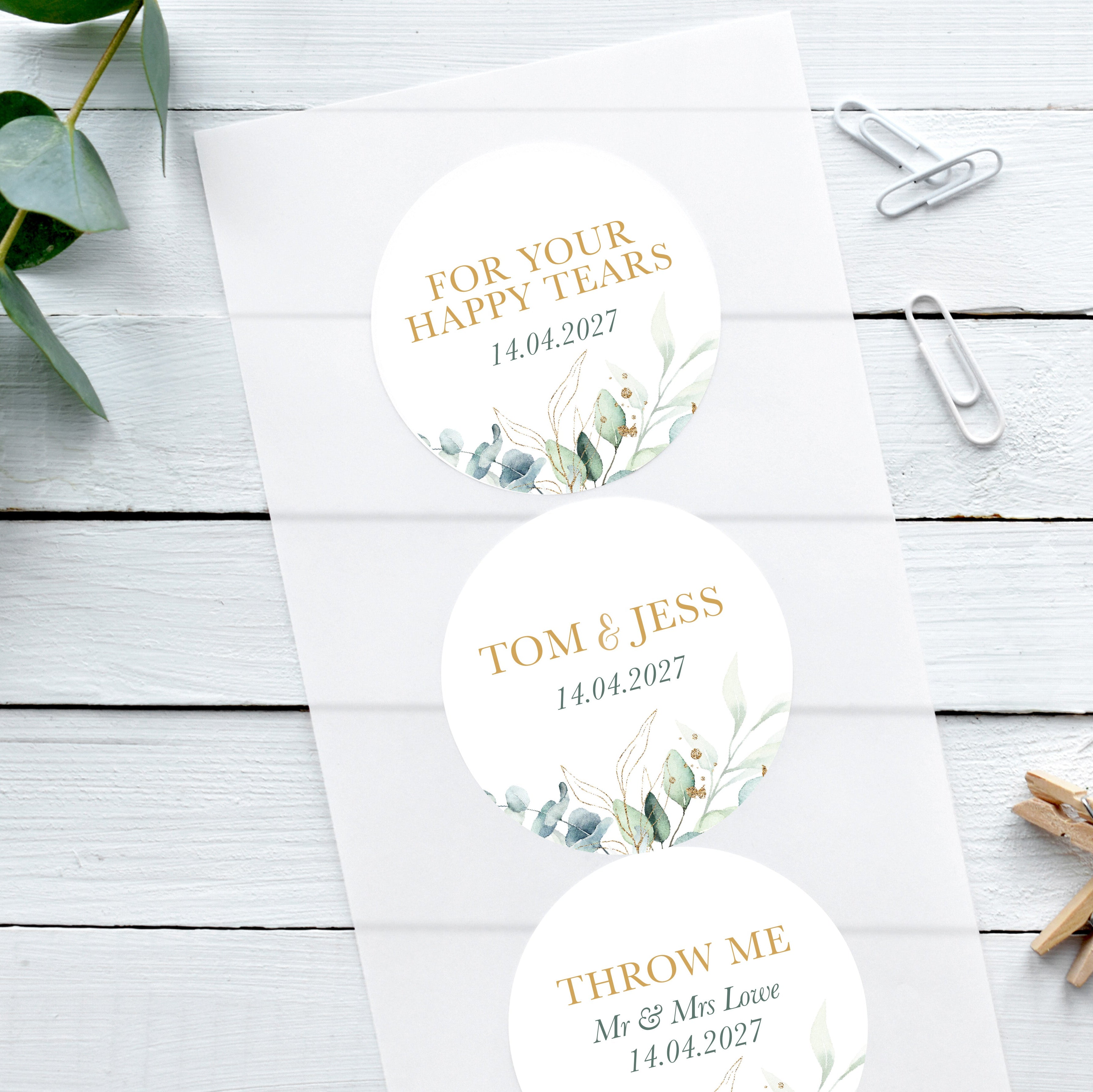green and gold wedding stickers with daisy and eucalyptus design for wedding favours, happy tears, confetti bags, save the date envelopes.