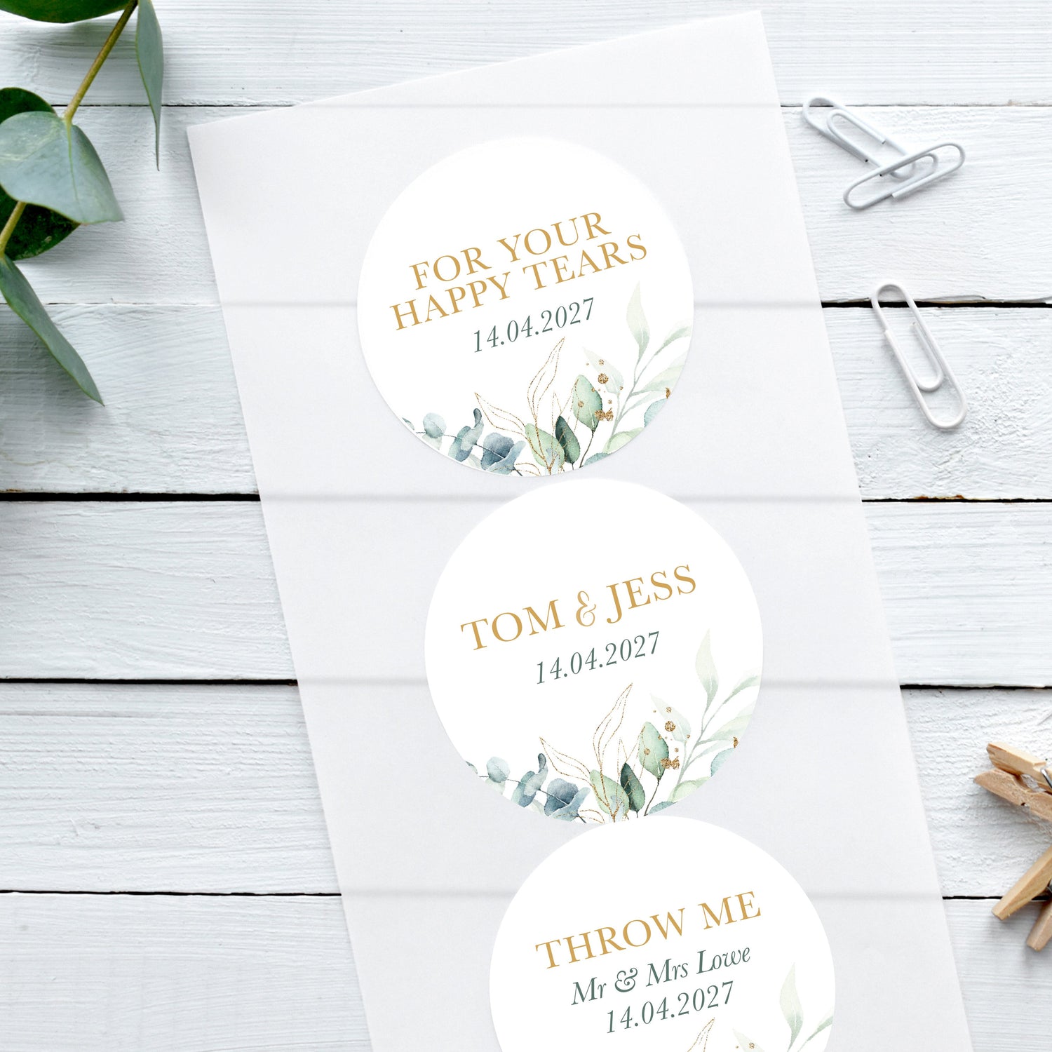 green and gold wedding stickers with daisy and eucalyptus design for wedding favours, happy tears, confetti bags, save the date envelopes.