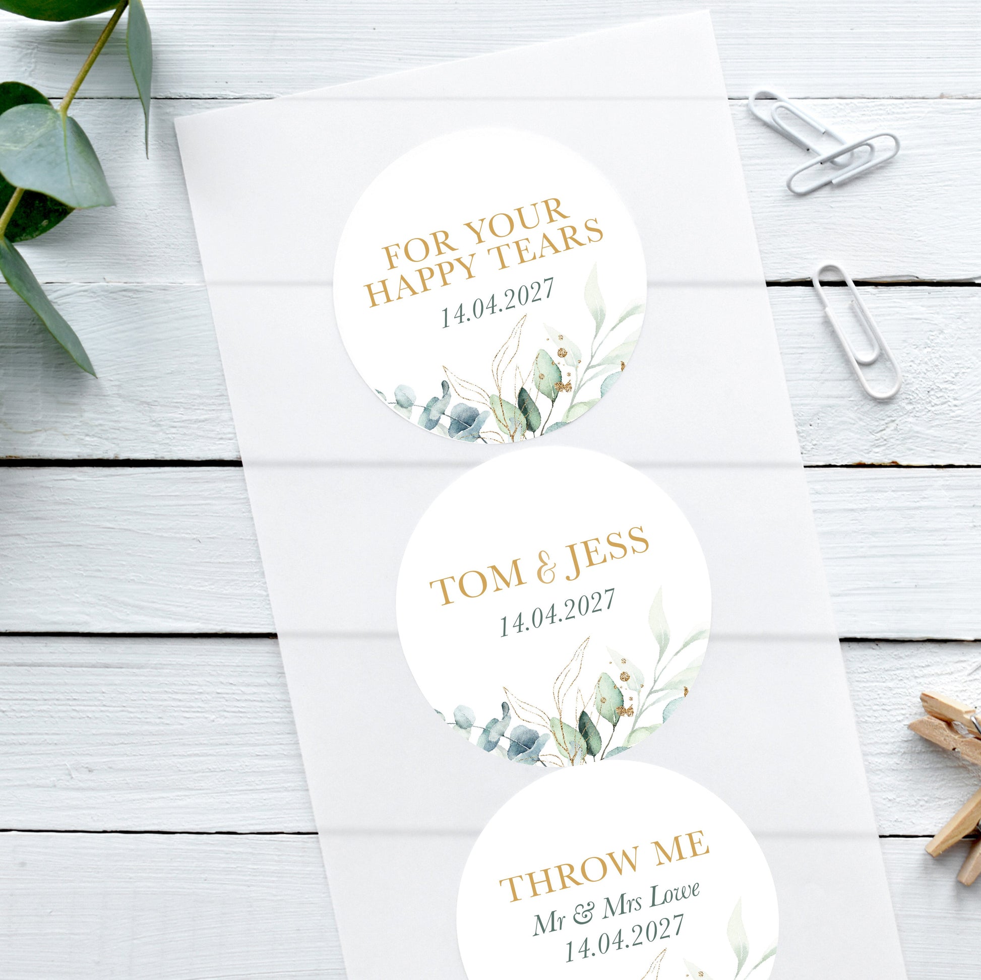 green and gold wedding stickers with daisy and eucalyptus design for wedding favours, happy tears, confetti bags, save the date envelopes.