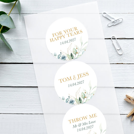 green and gold wedding stickers with daisy and eucalyptus design for wedding favours, happy tears, confetti bags, save the date envelopes.