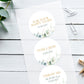 green and gold wedding stickers with daisy and eucalyptus design for wedding favours, happy tears, confetti bags, save the date envelopes.