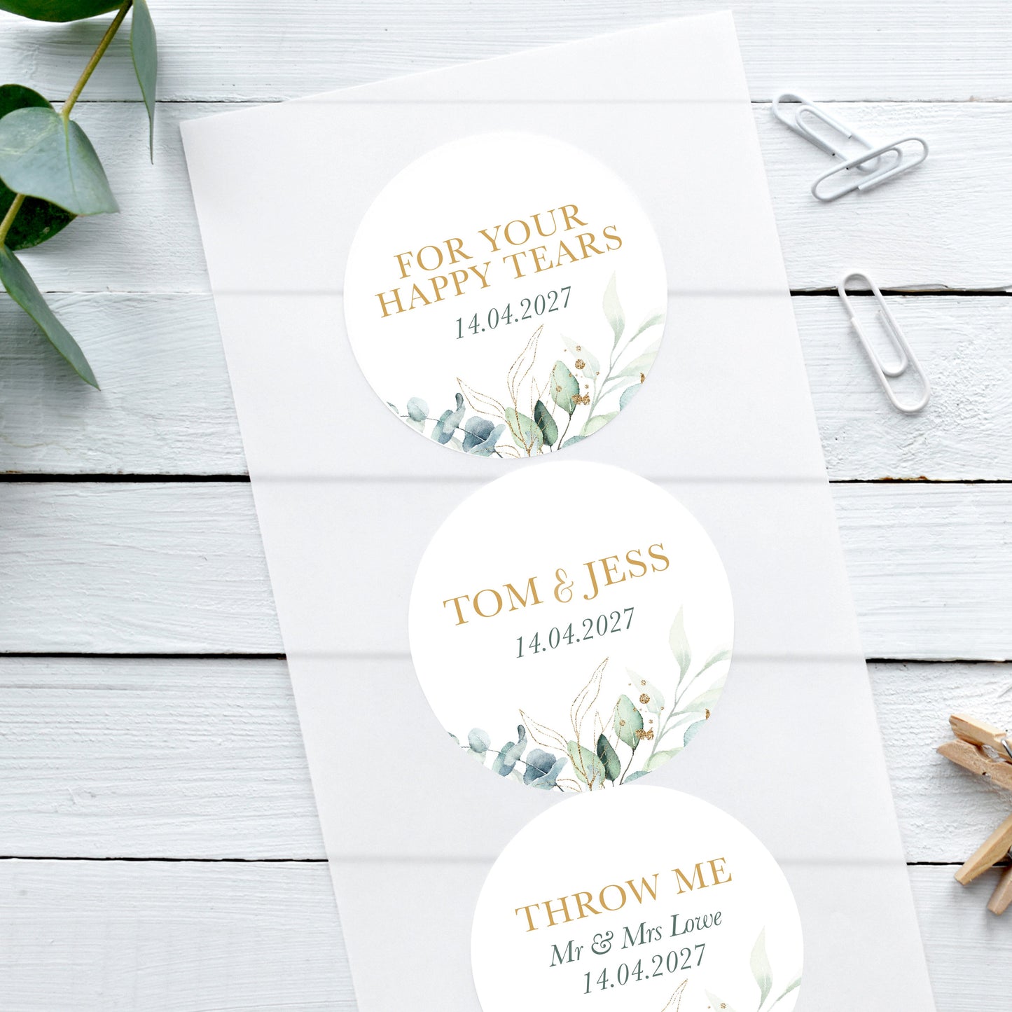 green and gold wedding stickers with daisy and eucalyptus design for wedding favours, happy tears, confetti bags, save the date envelopes.