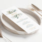 Eucalyptus and Daisy wedding menus, with watercolour eucalyptus pattern and gold and green writing, wedding menu personalised with name 